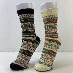 Womens Crew Socks Set 2 Fair Isle Nordic Pattern Brown Cream Green Red